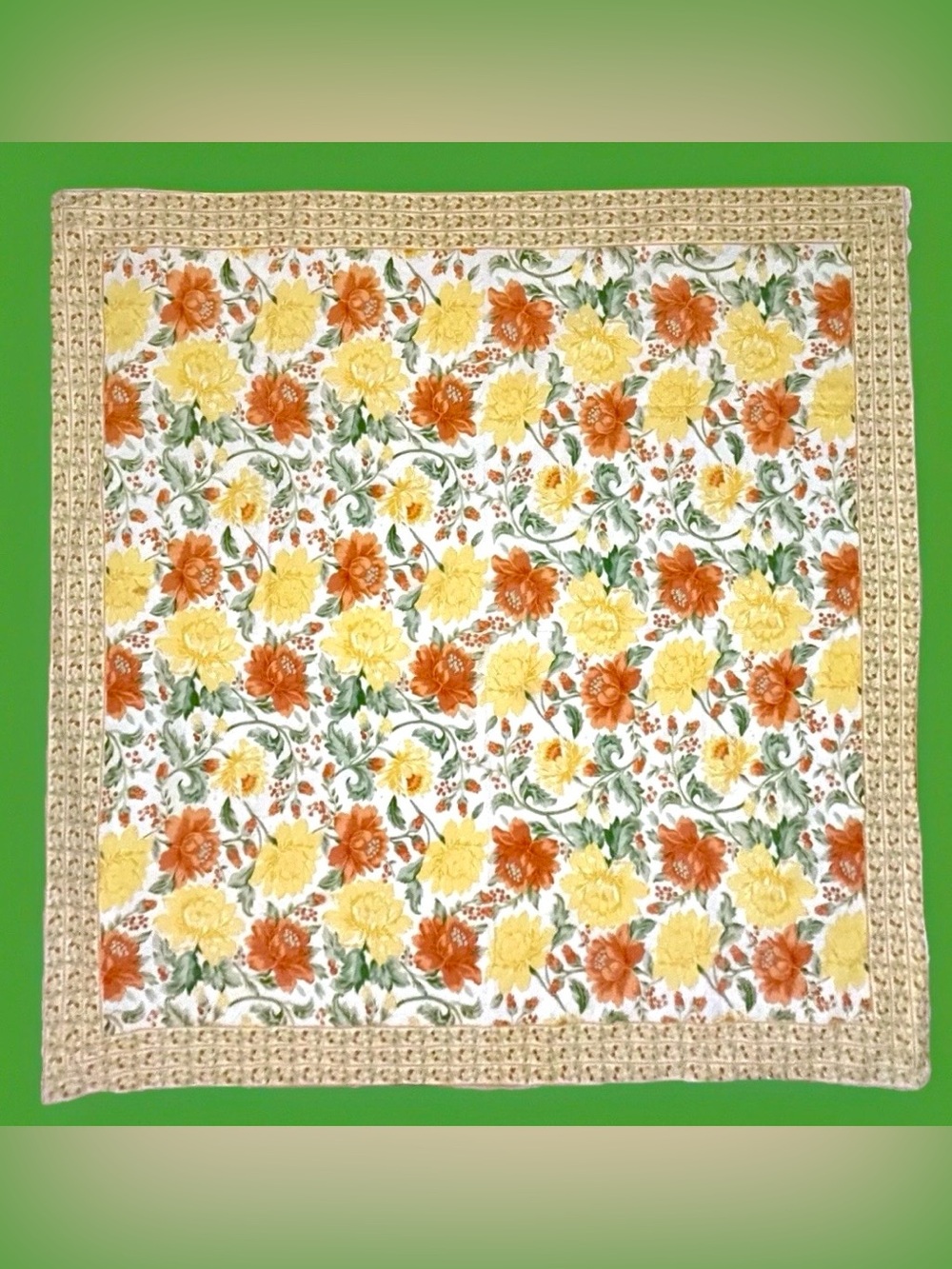 Vintage World Market Cotton Tablecloth Sunny Yellow/Orange Flowers & Foliage 52”